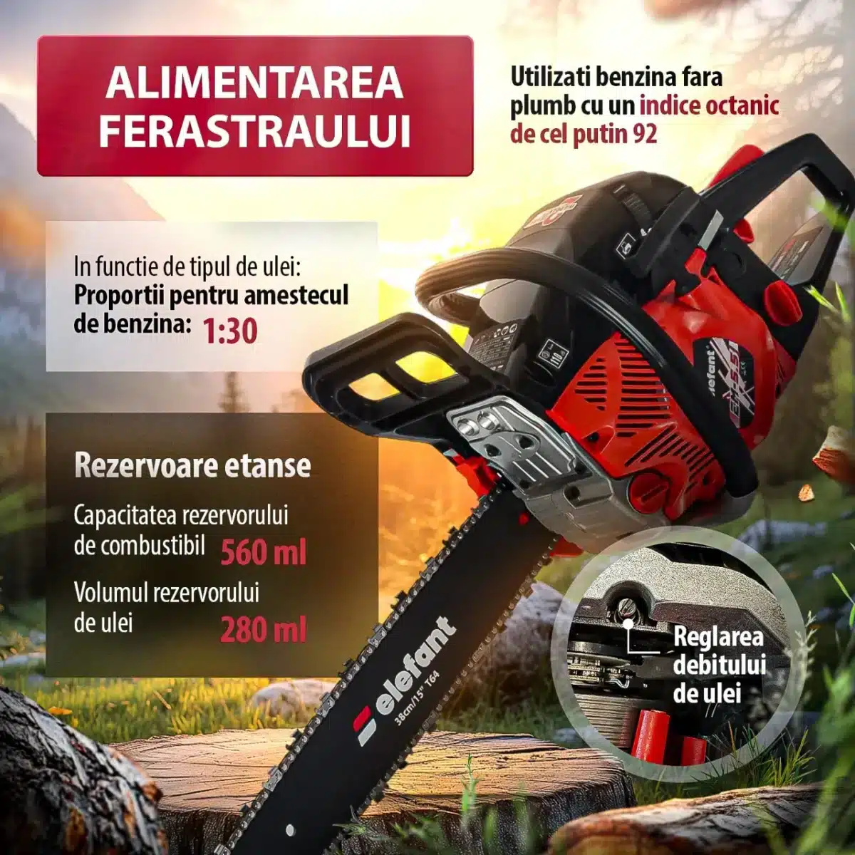 Motofierastrau/drujba pe benzina, 4,1 kw-5.5CP, 10.000 rot/min, accesorii incluse, Elefant - imagine 5