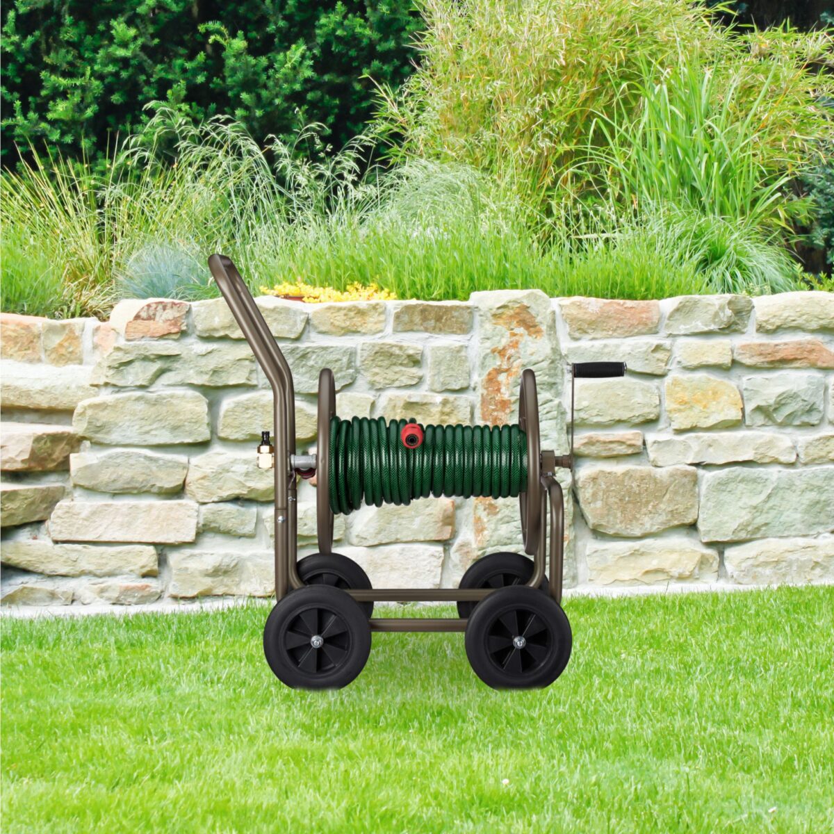 Carucior pentru furtun de gradina, metal, maro - imagine 5