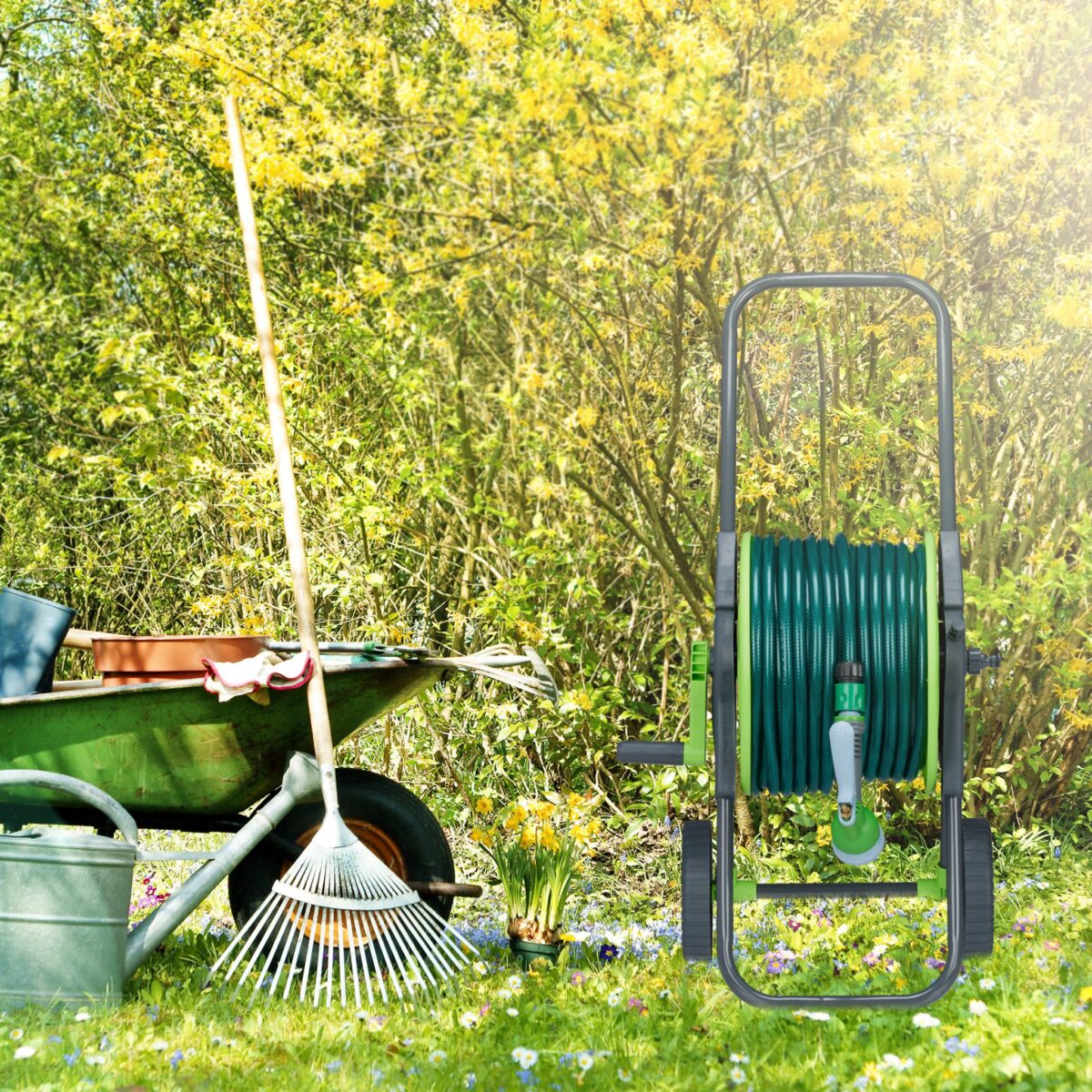 Carucior pentru furtun de gradina, otel/plastic, verde - imagine 4