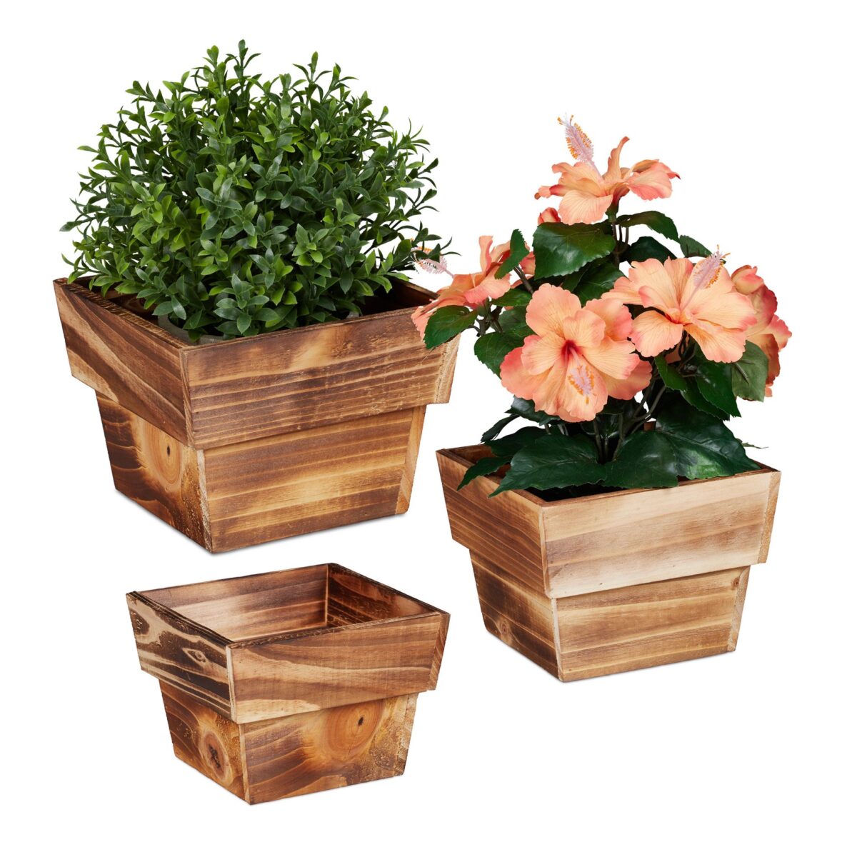 Set 3 ghivece de flori, din lemn, dimensiuni diferite, natur - imagine 2