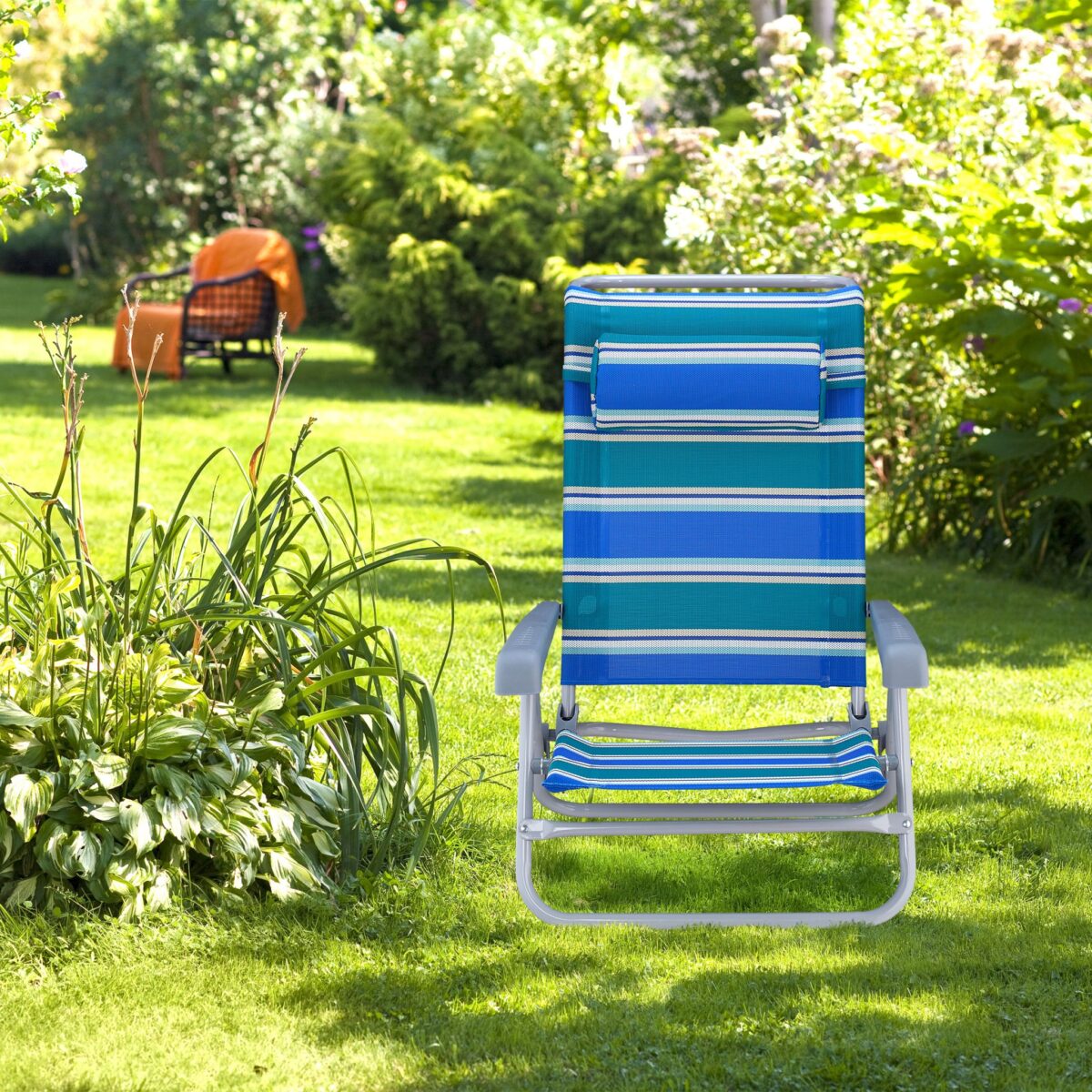 Sezlong pliabil cu perna, pentru gradina/plaja/camping, albastru, 78 x 59 x 85 cm - imagine 2