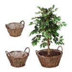 Set 3 ghivece, din lemn, cu manere, dimensiuni diferite, maro