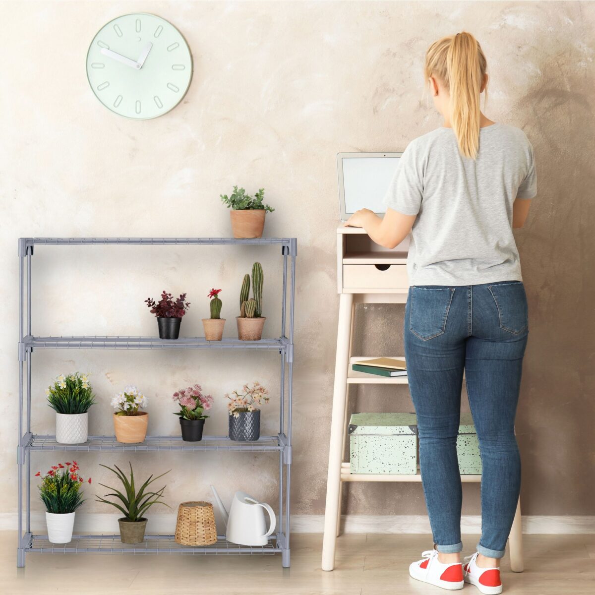 Suport pentru plante, stand de flori, 4 etajere, 106 x 91 x 28 cm, gri - imagine 5