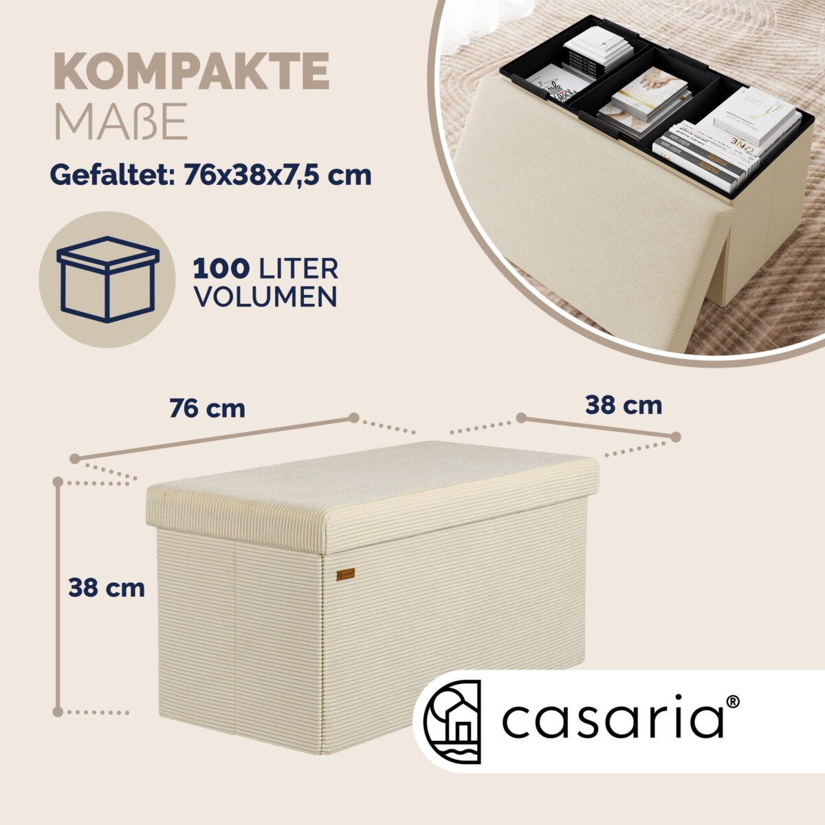 Bancuta cu spatiu de depozitare, din poliester, 76x38x38cm, crem - imagine 10