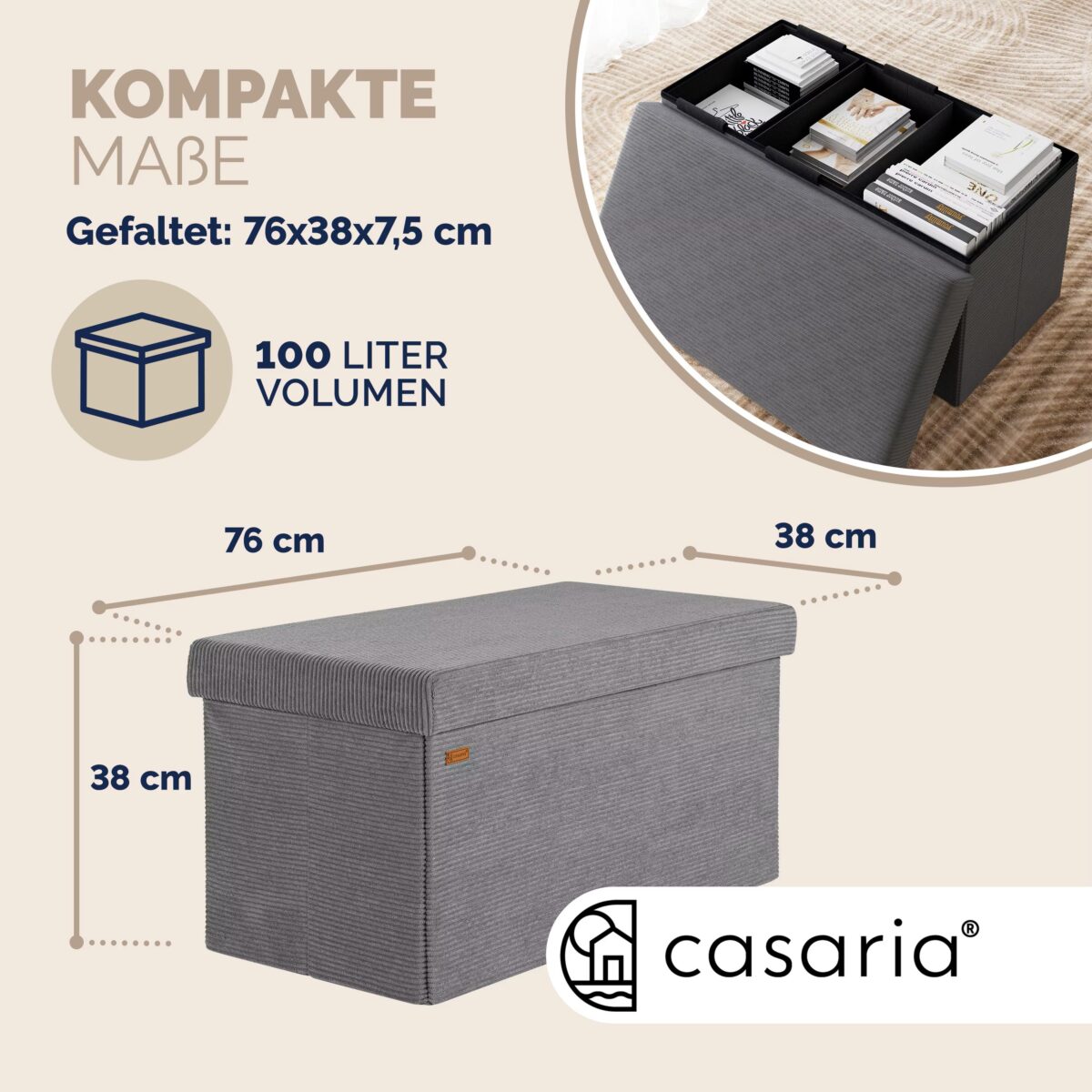 Bancuta cu spatiu de depozitare, din poliester, 76x38x38cm, gri - imagine 10