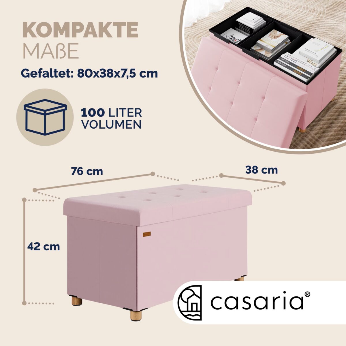 Bancuta cu spatiu de depozitare, din poliester, 76x38x42cm, roz - imagine 10