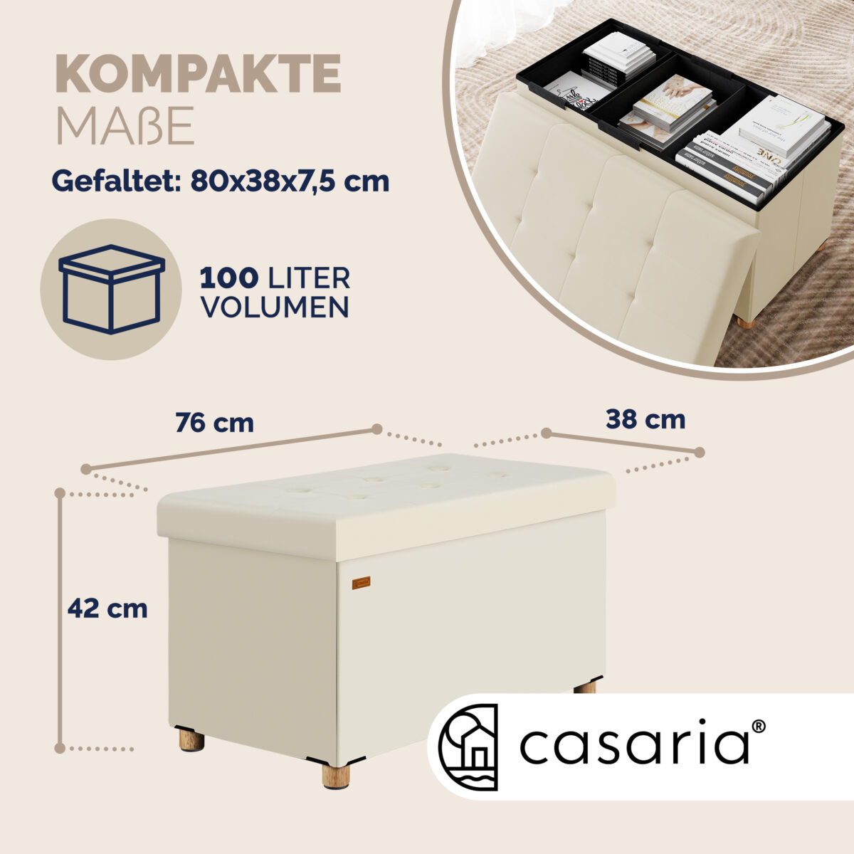 Bancuta cu spatiu de depozitare, din poliester, 76x38x42cm, crem - imagine 9