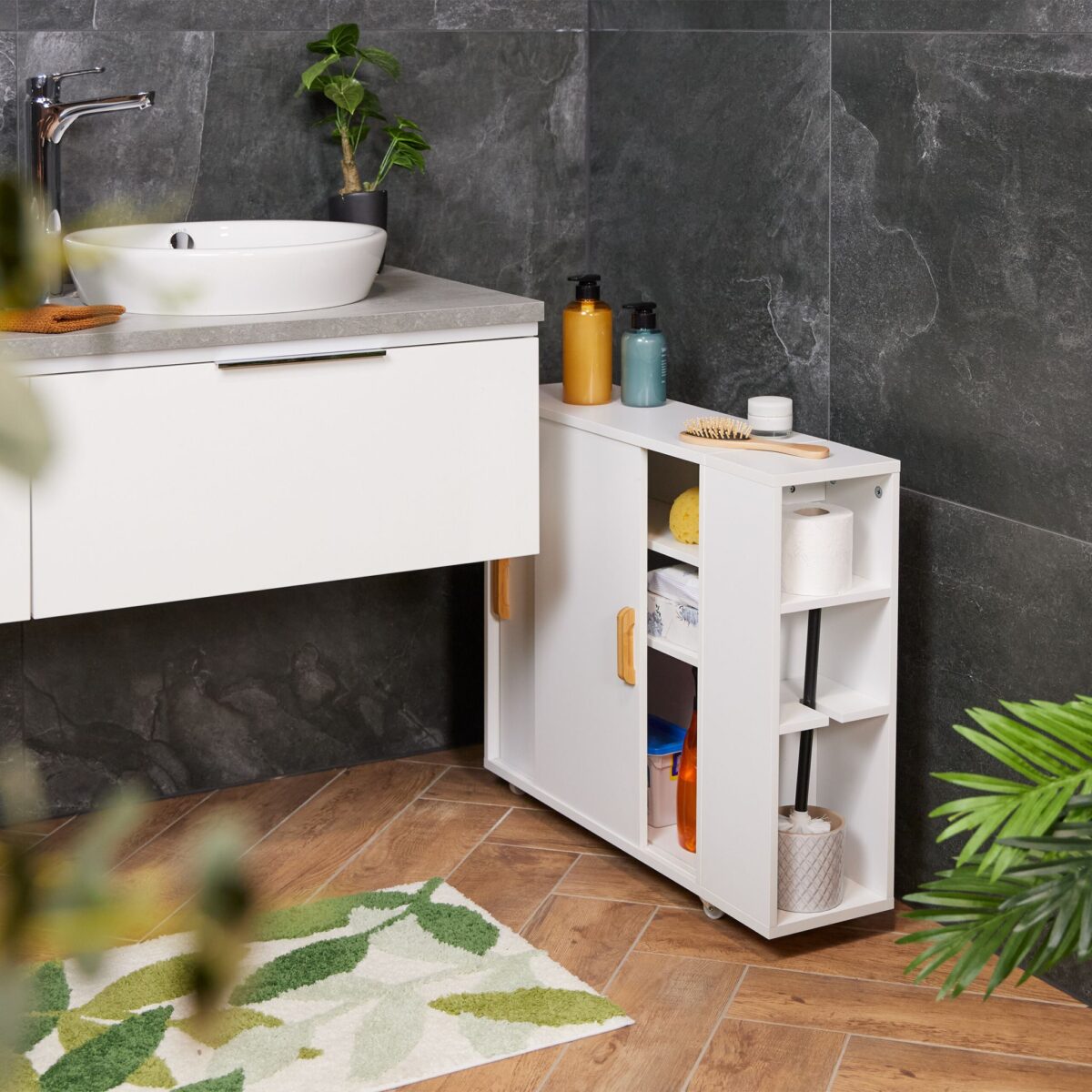 Dulap ingust pentru baie, usi glisante, alb, MDF - imagine 4