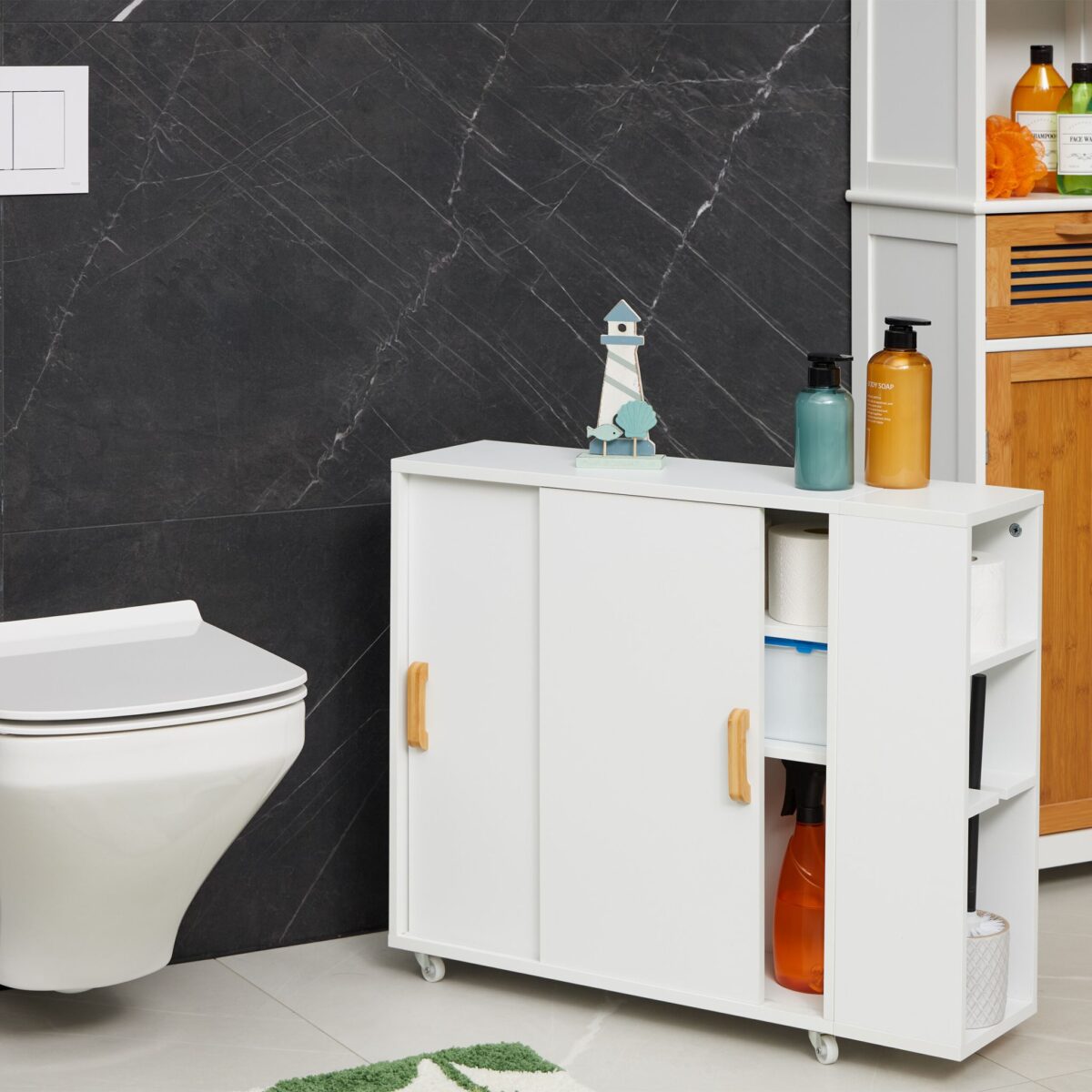 Dulap ingust pentru baie, usi glisante, alb, MDF - imagine 2