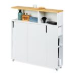 Dulap ingust pentru baie, usi glisante, raft deschis, MDF, blat bambus, alb