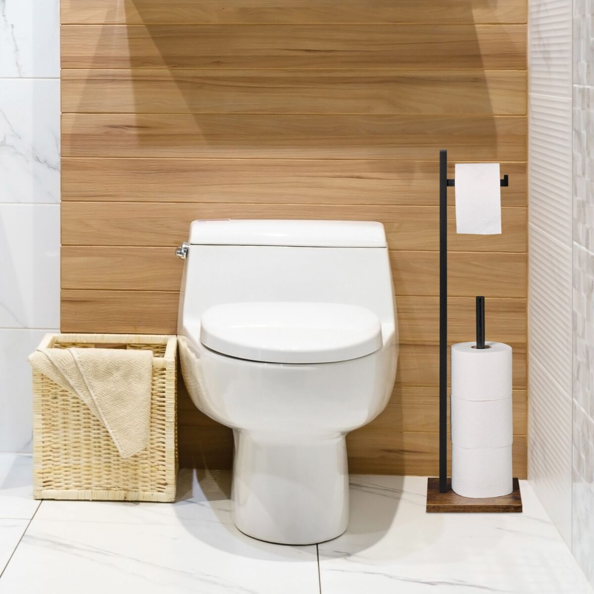 Suport pentru hartie igienica, loc pentru rezerve, bambus, negru/maro - imagine 2