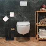 Suport pentru hartie igienica cu perie de toaleta, loc pentru rezerve, negru - imagine 2