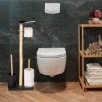 Suport pentru hartie igienica cu perie de toaleta si loc pentru rezerve, bambus/metal, negru - imagine 3
