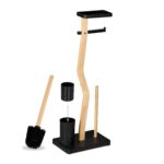 Suport pentru hartie igienica cu perie de toaleta si loc pentru rezerve, bambus/metal, negru - imagine 4