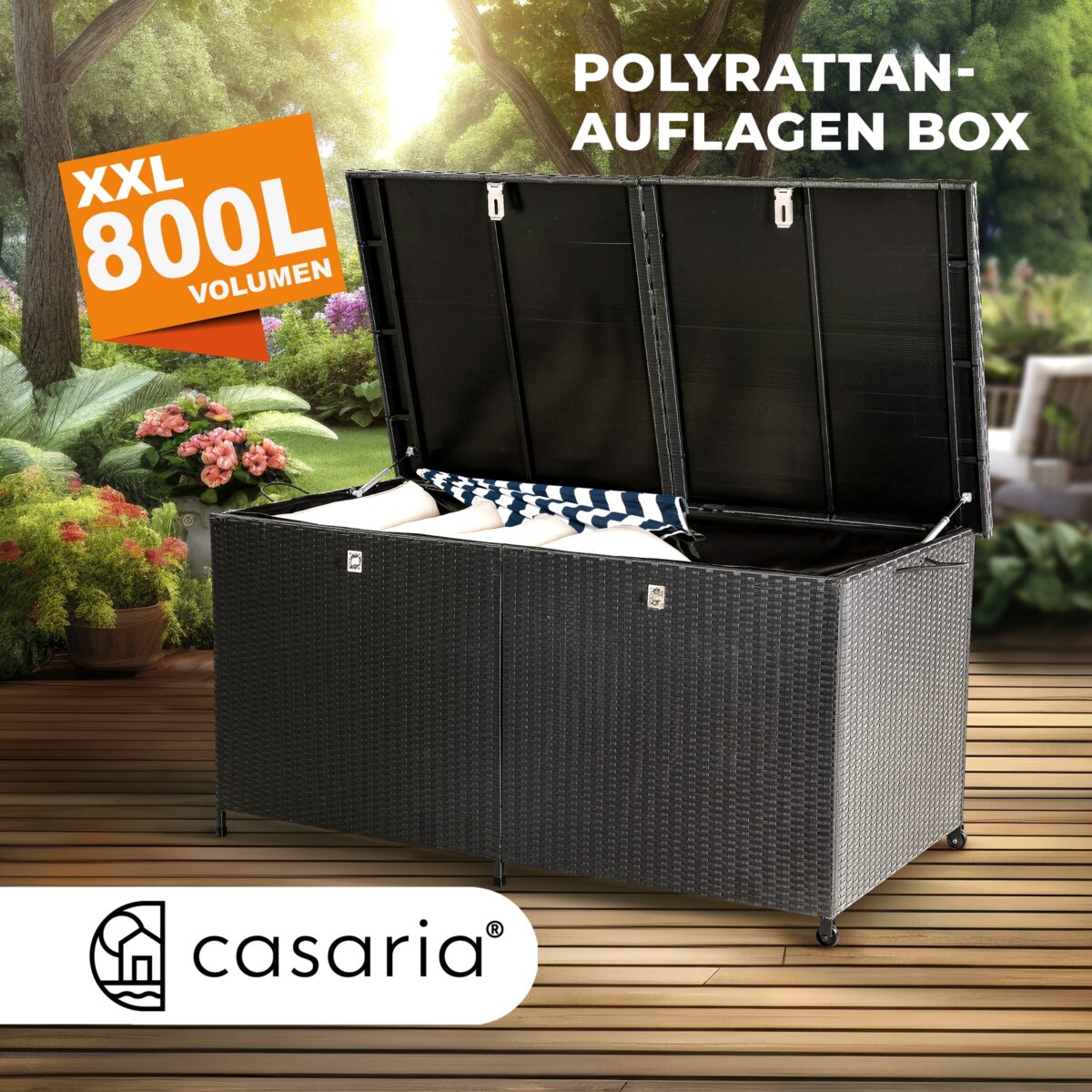 Lada depozitare pentru terasa/gradina Casaria®, cu 2 deschideri, roti pentru transport, poliratan, 625 L, negru, 150 x 77 x 73 cm - imagine 7