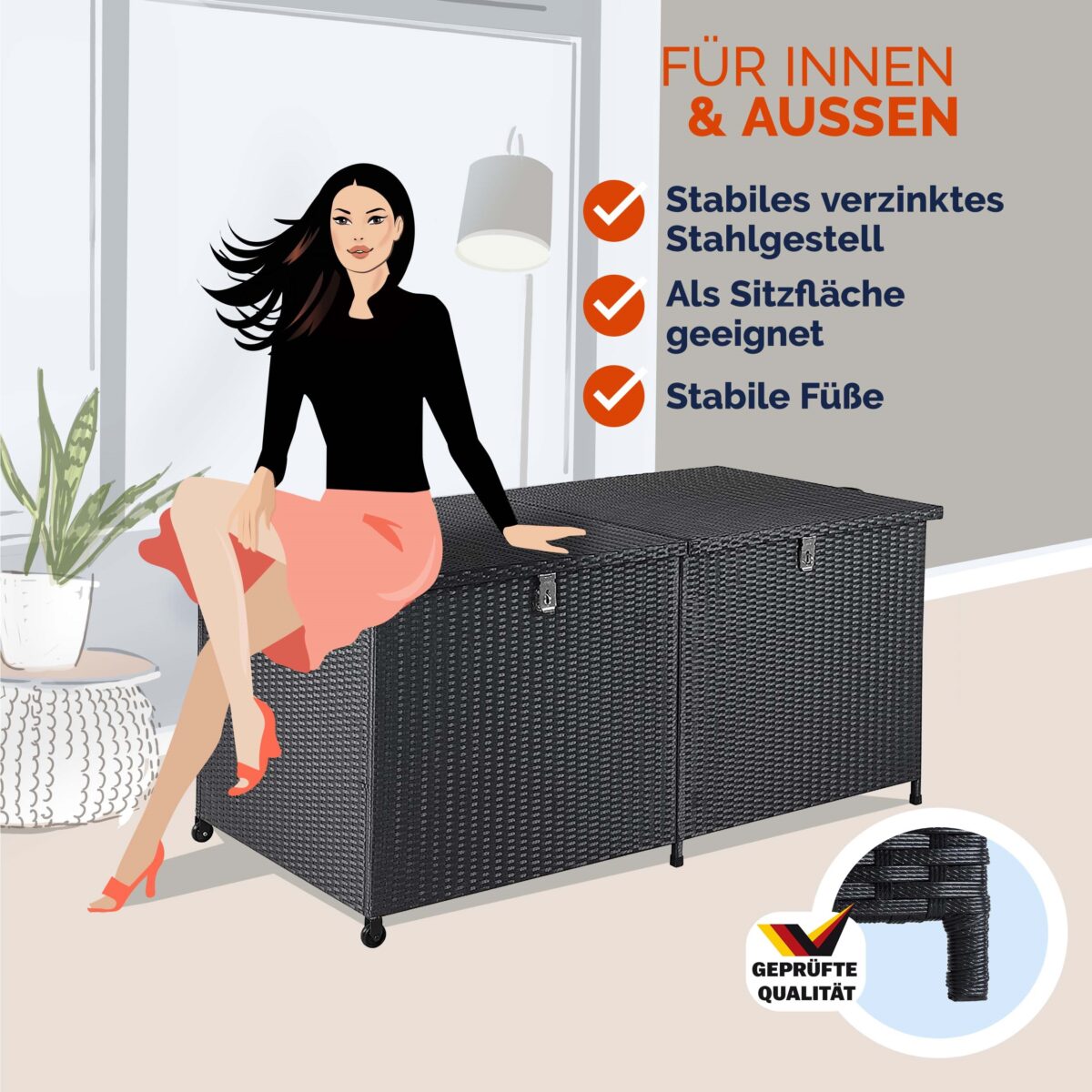 Lada depozitare pentru terasa/gradina Casaria®, cu 2 deschideri, roti pentru transport, poliratan, 625 L, negru, 150 x 77 x 73 cm - imagine 5