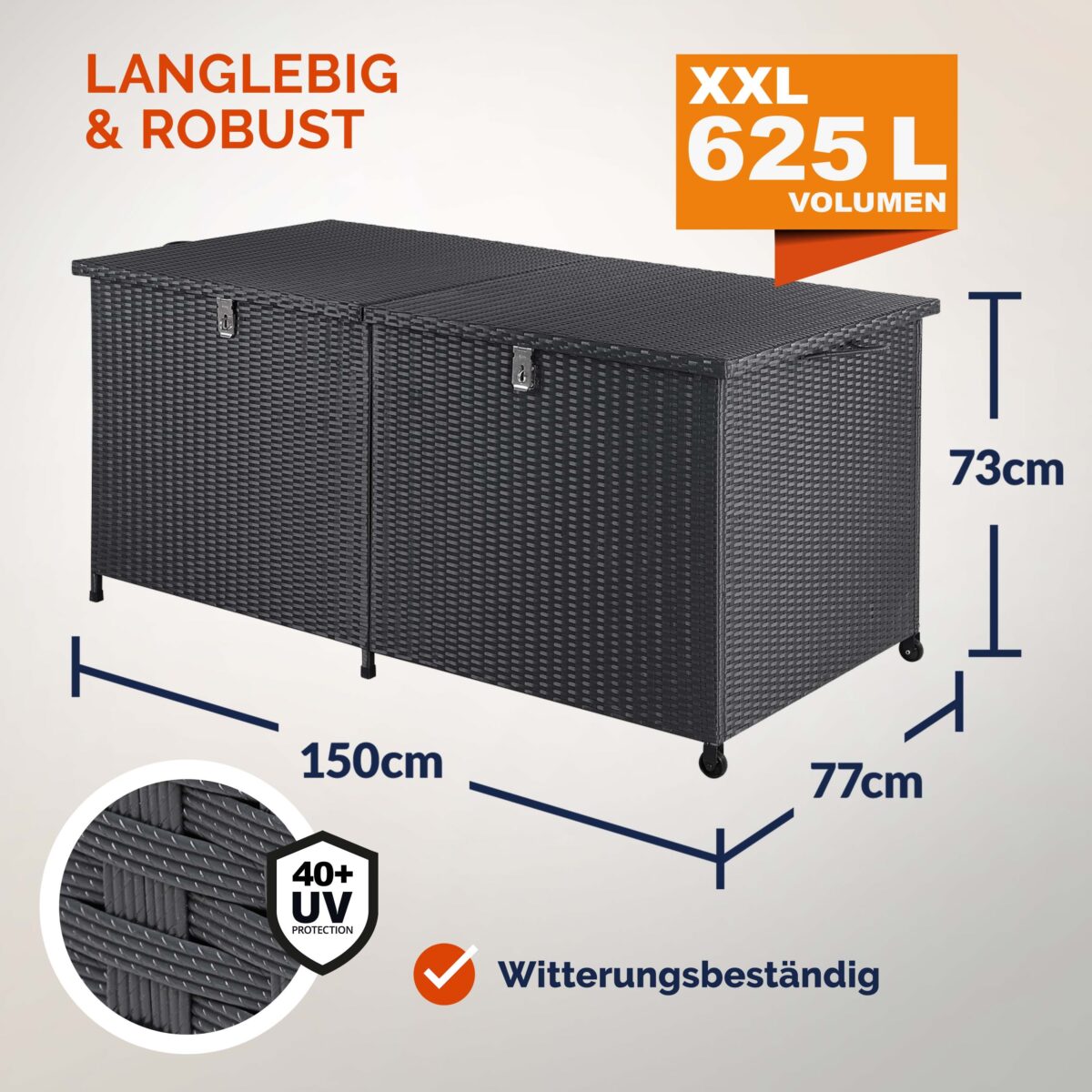 Lada depozitare pentru terasa/gradina Casaria®, cu 2 deschideri, roti pentru transport, poliratan, 625 L, negru, 150 x 77 x 73 cm - imagine 3