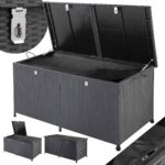 Lada depozitare pentru terasa/gradina Casaria®, cu 2 deschideri, roti pentru transport, poliratan, 625 L, negru, 150 x 77 x 73 cm