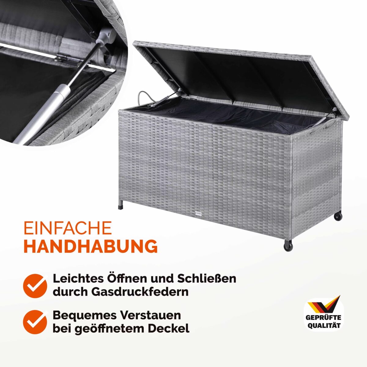 Lada depozitare pentru gradina si terasa Casaria®, poliratan, 270 L, roti si manere pentru transport, gri, 117 x 53 x 60 cm - imagine 3