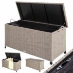 Lada depozitare pentru gradina si terasa Casaria®, poliratan, 270 L, roti si manere pentru transport, crem, 117 x 53 x 60 cm