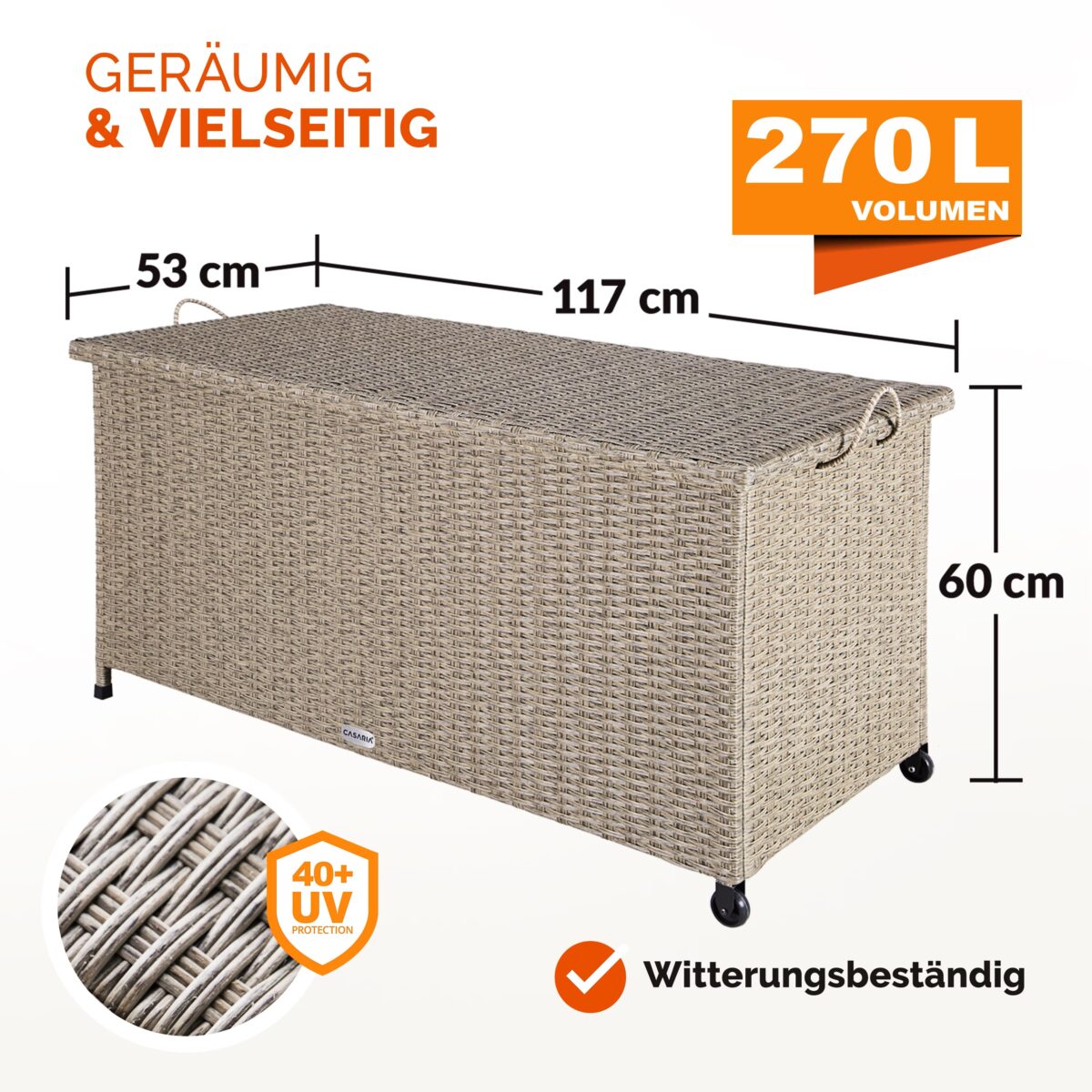 Lada depozitare pentru gradina si terasa Casaria®, poliratan, 270 L, roti si manere pentru transport, crem, 117 x 53 x 60 cm - imagine 3