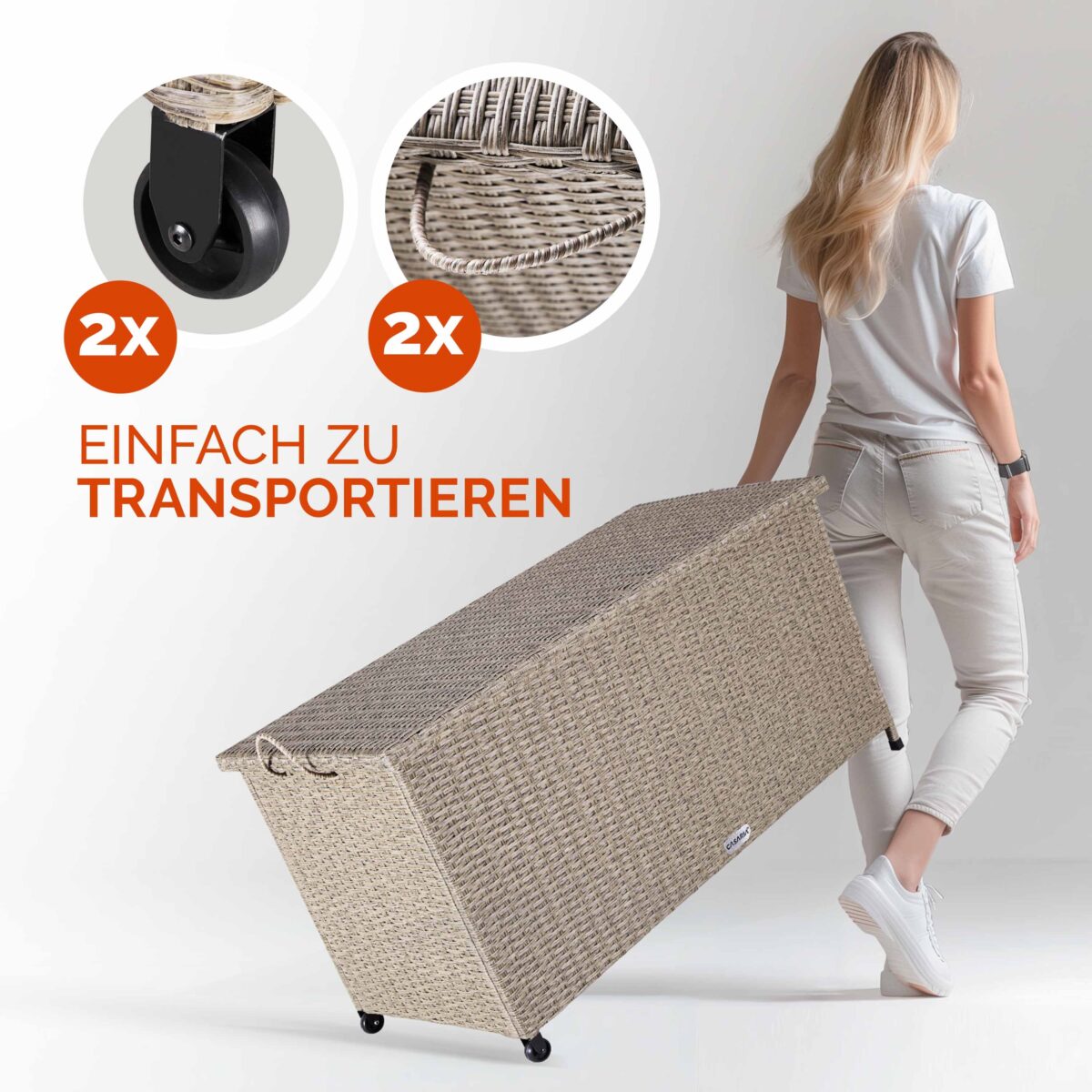 Lada depozitare pentru gradina si terasa Casaria®, poliratan, 270 L, roti si manere pentru transport, crem, 117 x 53 x 60 cm - imagine 2