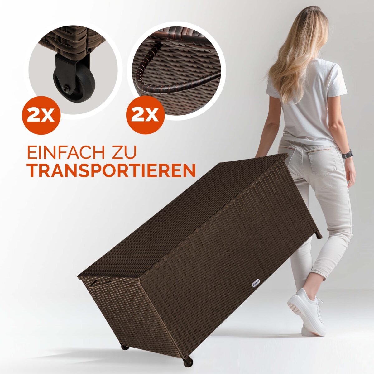 Lada depozitare pentru gradina si terasa Casaria®, poliratan, 270 L, roti si manere pentru transport, maro, 117 x 53 x 60 cm - imagine 2