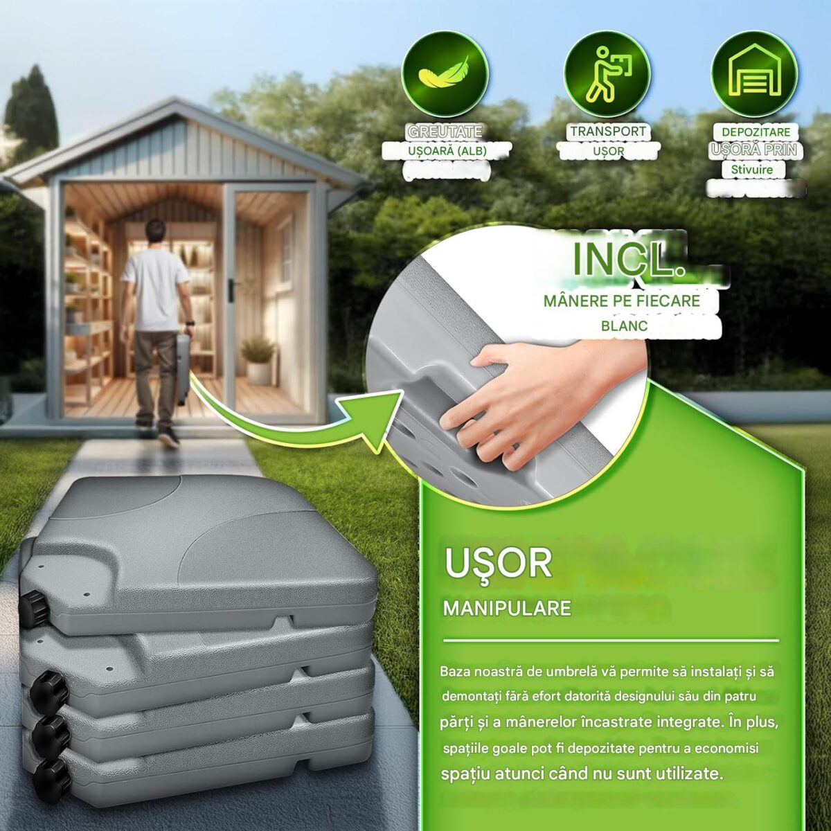 Suport pentru baza umbrela, greutati, 4 placi, umplere cu apa sau nisip 90 litri / 120 kg, gri, Tillvex - imagine 4