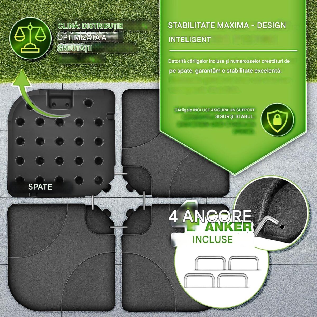 Suport pentru baza umbrela, greutati, 4 placi, umplere cu apa sau nisip 90 litri / 120 kg, negru, Tillvex - imagine 5