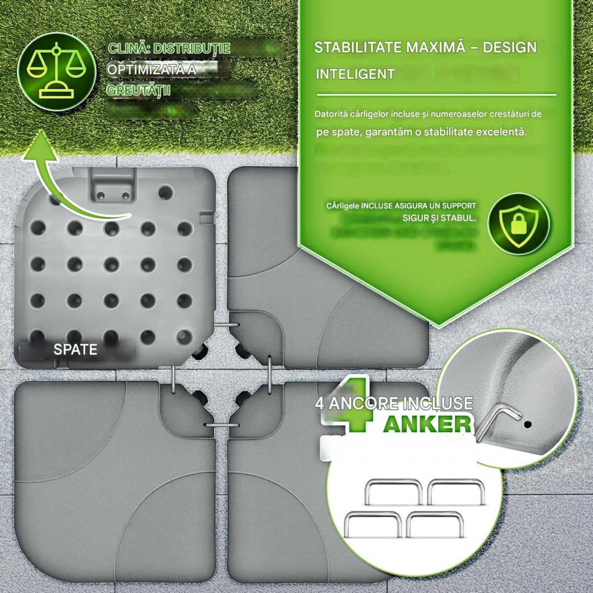 Suport pentru baza umbrela, greutati, 4 placi, umplere cu apa sau nisip 90 litri / 120 kg, gri, Tillvex - imagine 5