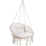 Leagan suspendat din bumbac cu 2 perne, capacitate pana la 150 kg, rezistent la intemperii, cadru otel galvanizat, 80 x 60 x 140 cm, crem