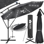 Umbrela cu iluminare LED pentru gradina si terasa, Tillvex, Ø 350 cm, husa, 8 spite, rotire 360°, protectie UV 50+, poliester de 180 g/m², manivela, antracit