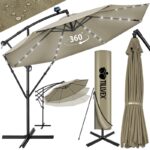 Umbrela cu iluminare LED pentru gradina si terasa, Tillvex, Ø 350 cm, husa, 8 spite, rotire 360°, protectie UV 50+, poliester de 180 g/m², manivela, crem inchis