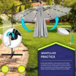 Umbrela cu iluminare LED pentru gradina si terasa, Tillvex, Ø 350 cm, husa, 8 spite, rotire 360°, protectie UV 50+, poliester de 180 g/m², manivela, gri - imagine 7