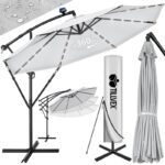 Umbrela cu iluminare LED pentru gradina si terasa, Tillvex, Ø 350 cm, husa, 8 spite, rotire 360°, protectie UV 50+, poliester de 180 g/m², manivela, gri
