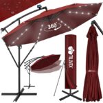 Umbrela cu iluminare LED pentru gradina si terasa, Tillvex, Ø 350 cm, husa, 8 spite, rotire 360°, protectie UV 50+, poliester de 180 g/m², manivela, rosu