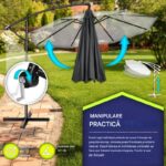 Umbrela pentru gradina si terasa, Tillvex, Ø 350 cm, husa, protectie UV 50+, 8 spite, rotatie 360°, inclinare reglabila, tesatura 180 g/m², antracit - imagine 4