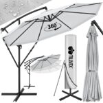 Umbrela pentru gradina si terasa, Tillvex, Ø 350 cm, husa, protectie UV 50+, 8 spite, rotatie 360°, inclinare reglabila, tesatura 180 g/m², gri