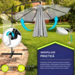 Umbrela pentru gradina si terasa, Tillvex, Ø 350 cm, husa, protectie UV 50+, 8 spite, rotatie 360°, inclinare reglabila, tesatura 180 g/m², gri - imagine 5