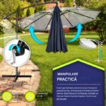 Umbrela cu iluminare LED pentru gradina si terasa, Tillvex, Ø 350 cm, husa, 8 spite, rotire 360°, protectie UV 50+, poliester de 180 g/m², manivela, albastru - imagine 7