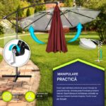 Umbrela cu iluminare LED pentru gradina si terasa, Tillvex, Ø 350 cm, husa, 8 spite, rotire 360°, protectie UV 50+, poliester de 180 g/m², manivela, rosu - imagine 7