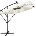 Umbrela patrata cu LED pentru gradina si terasa, Tillvex®, Ø 330 cm, inclinabila, protectie UV 50+, husa protectie, rotativa la 360°, cu manivela, crem