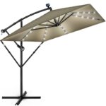 Umbrela patrata cu LED pentru gradina si terasa, Tillvex®, Ø 330 cm, inclinabila, protectie UV 50+, husa protectie, rotativa la 360°, cu manivela, maro