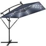 Umbrela patrata cu LED pentru gradina si terasa, Tillvex®, Ø 330 cm, inclinabila, protectie UV 50+, husa protectie, rotativa la 360°, cu manivela, albastru