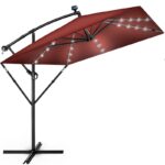 Umbrela patrata cu LED pentru gradina si terasa, Tillvex®, Ø 330 cm, inclinabila, protectie UV 50+, husa protectie, rotativa la 360°, cu manivela, rosu