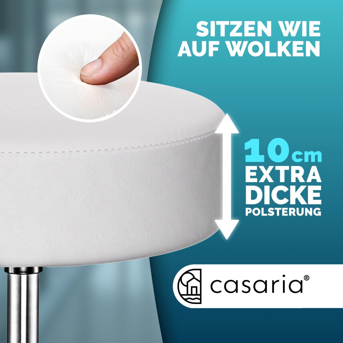Scaun taburet Casaria®, cosmetica, cabinet medical, atelier, rotire la 360°, inaltime reglabila 46-60 cm, piele ecologica, alb - imagine 6