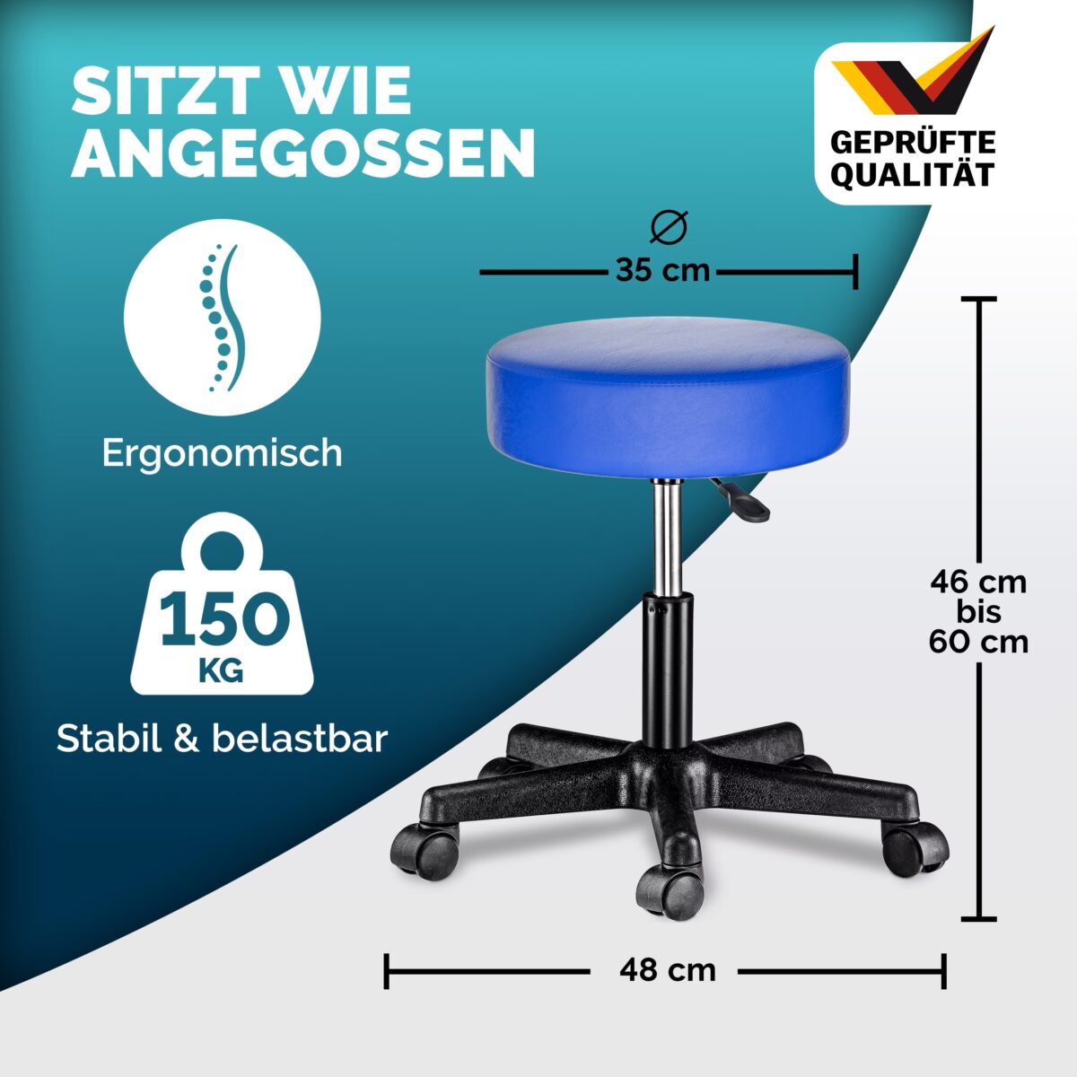 Scaun taburet Casaria®, cosmetica, cabinet medical, atelier, rotire la 360°, inaltime reglabila 46-60 cm, piele ecologica, albastru - imagine 3