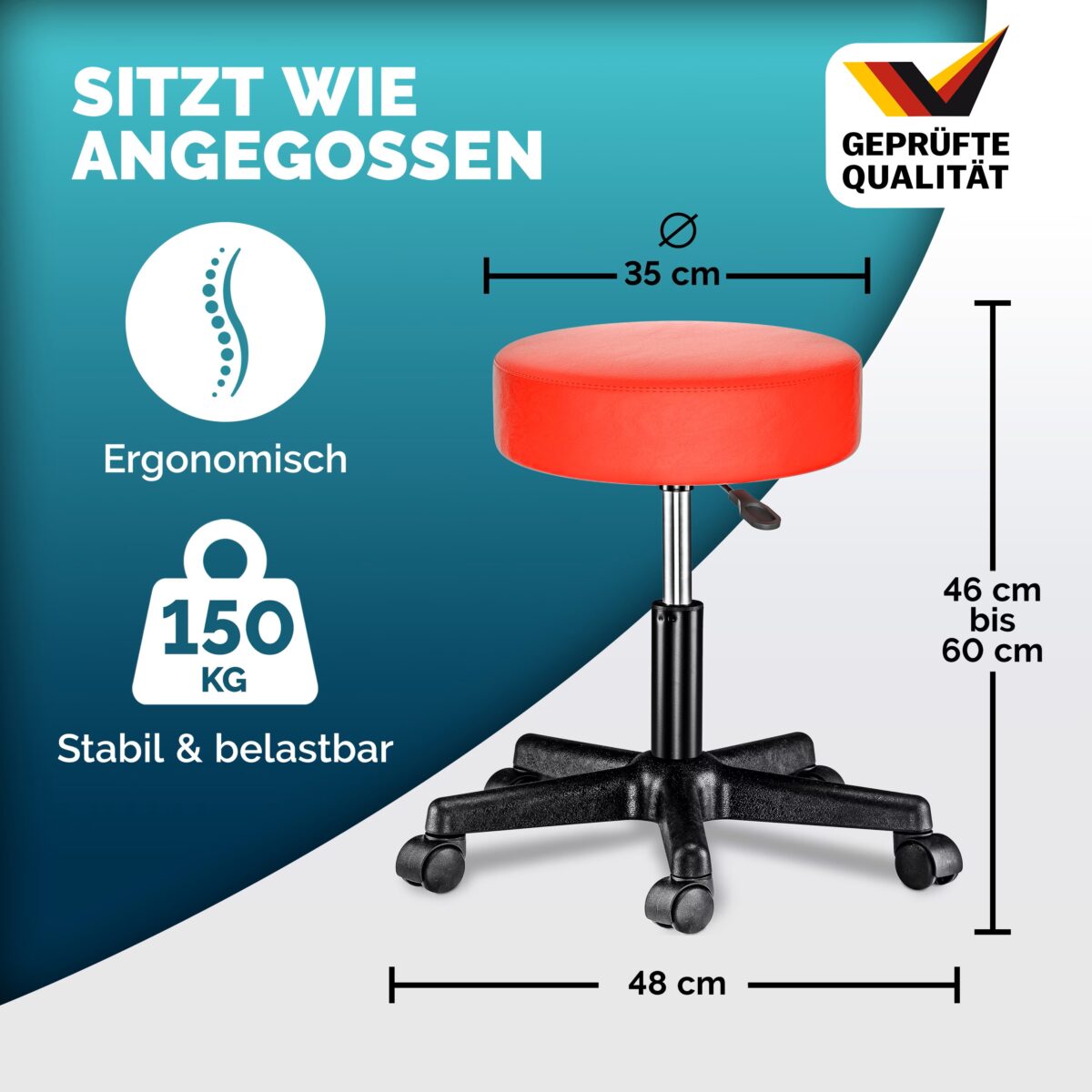 Scaun taburet Casaria®, cosmetica, cabinet medical, atelier, rotire la 360°, inaltime reglabila 46-60 cm, piele ecologica, rosu - imagine 3