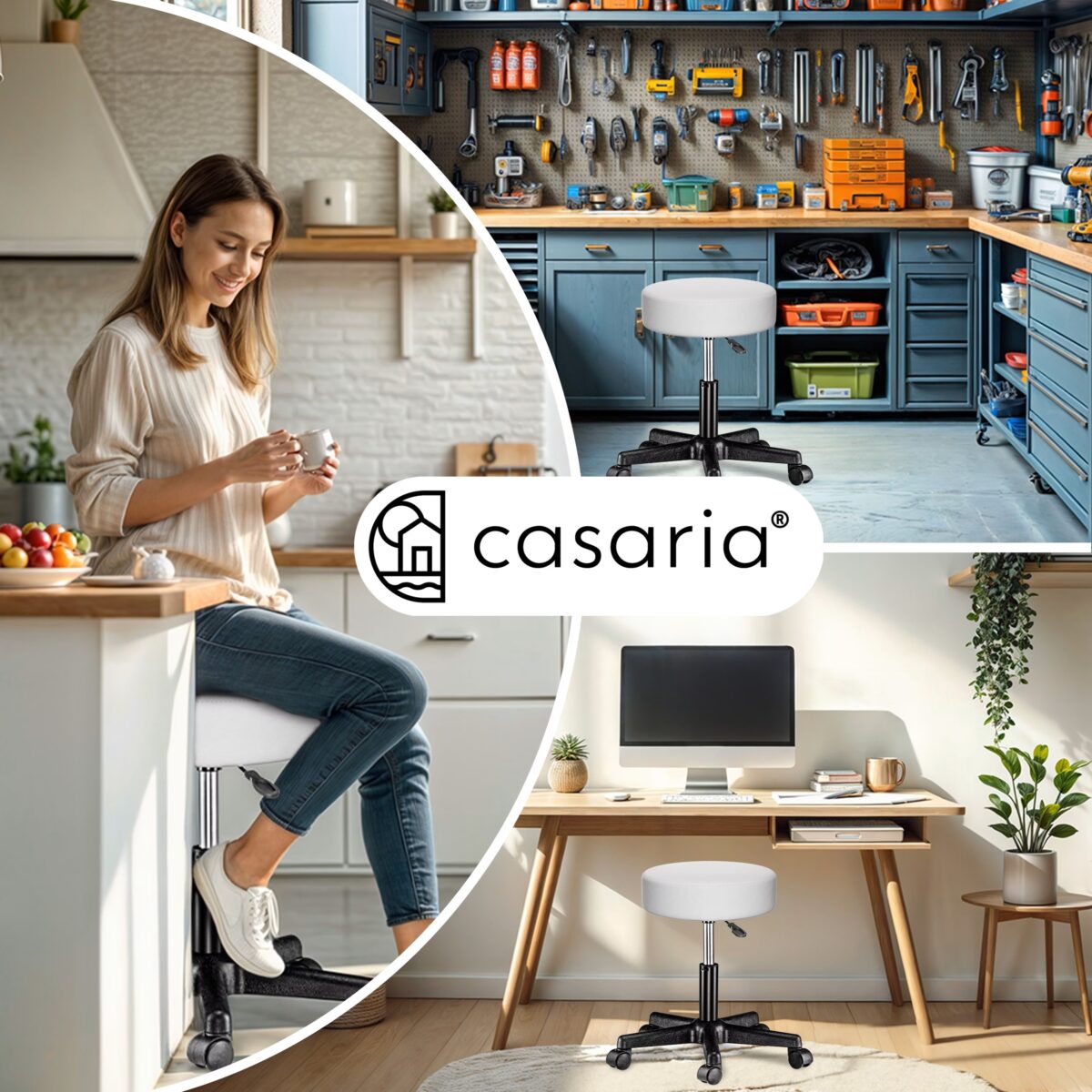 Scaun taburet Casaria®, cosmetica, cabinet medical, atelier, rotire la 360°, inaltime reglabila 46-60 cm, piele ecologica, alb - imagine 2