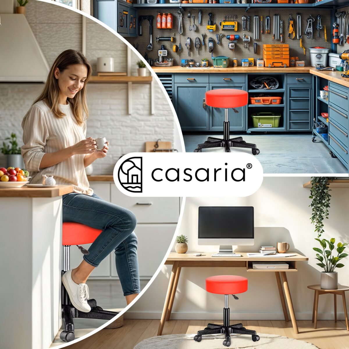 Scaun taburet Casaria®, cosmetica, cabinet medical, atelier, rotire la 360°, inaltime reglabila 46-60 cm, piele ecologica, rosu - imagine 2